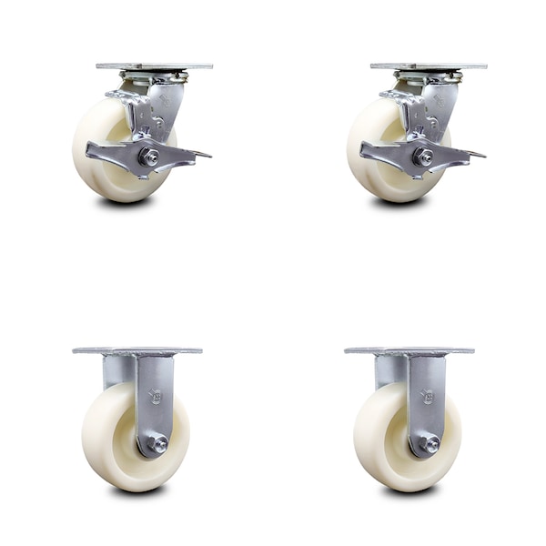 5 Inch Nylon Caster Set with Roller Bearings 2 Brakes 2 Rigid